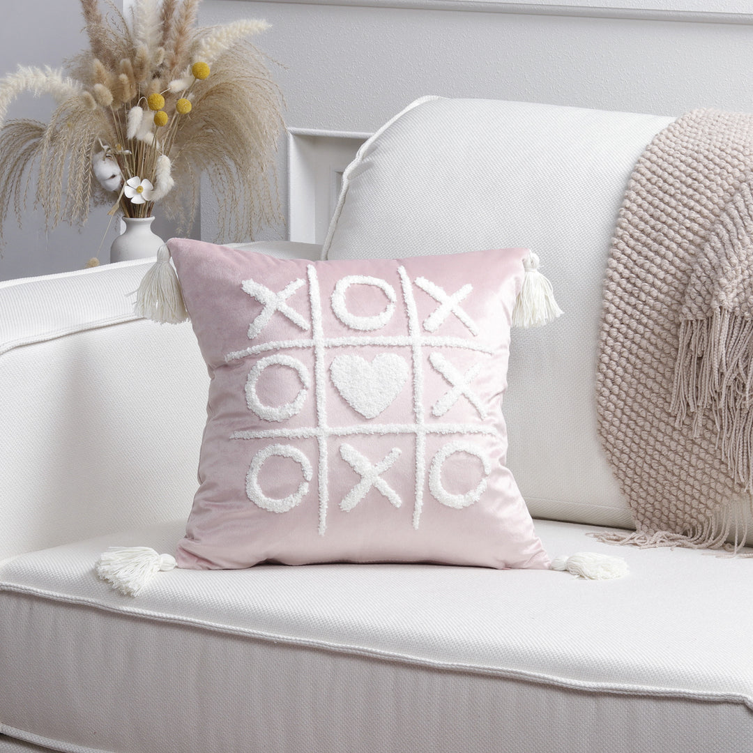 Plush Heart Appliqué Tassel Corner Decorative Throw Pillow Cover