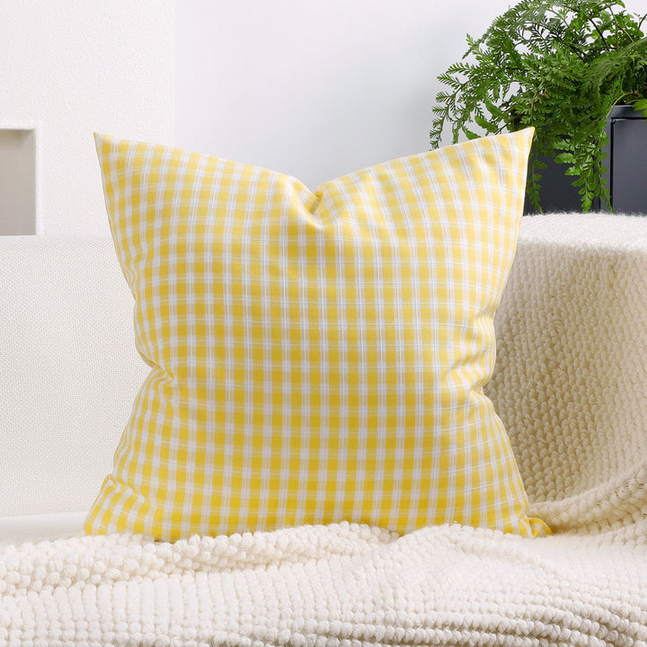 Gingham Check Cotton-Linen Square Throw Pillow Cover with Hidden Zipper