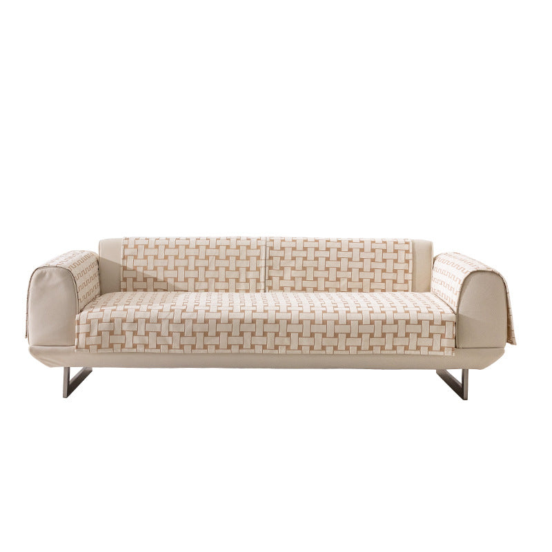 Three-seater sofa with geometric jacquard cover and sleek metal legs