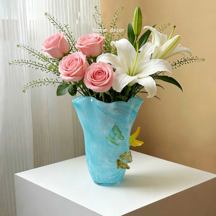 Hand-Blown Decorative Speckled Ruffled-Rim Art Glass Vase with Applied Flower Accents