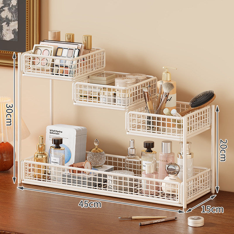 Tiered Metal Mesh Vanity and Countertop Organizer with Multi-Level Adjustable Baskets