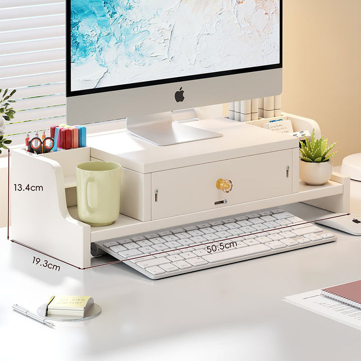 Wooden Monitor Riser with Lockable Drawer and Pen Organizer
