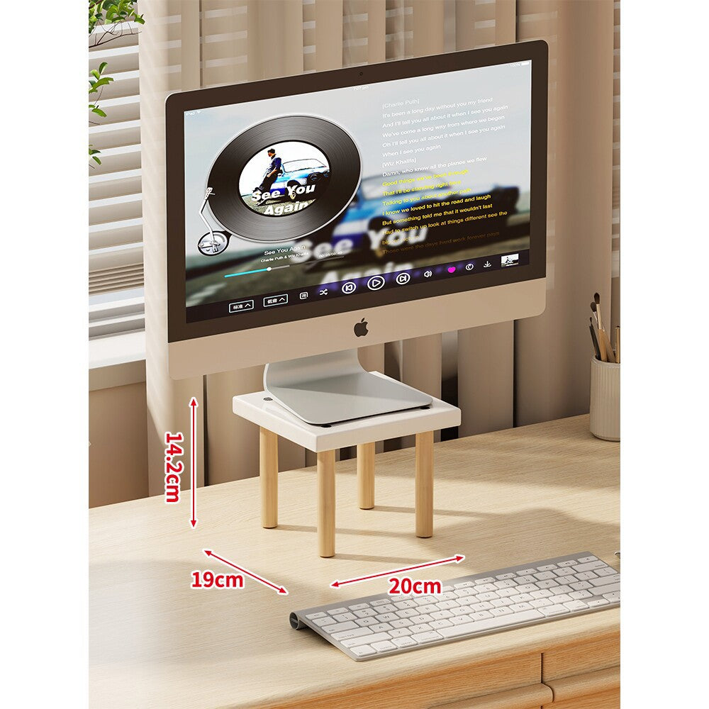 Compact Elevated Monitor Riser Stand with Wooden Legs and Under-Storage