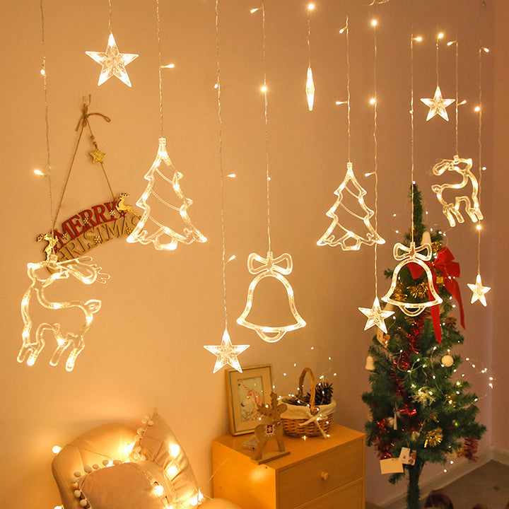 LED Acrylic Hanging Christmas Curtain Light Set with Reindeer Tree Bell and Star Ornaments