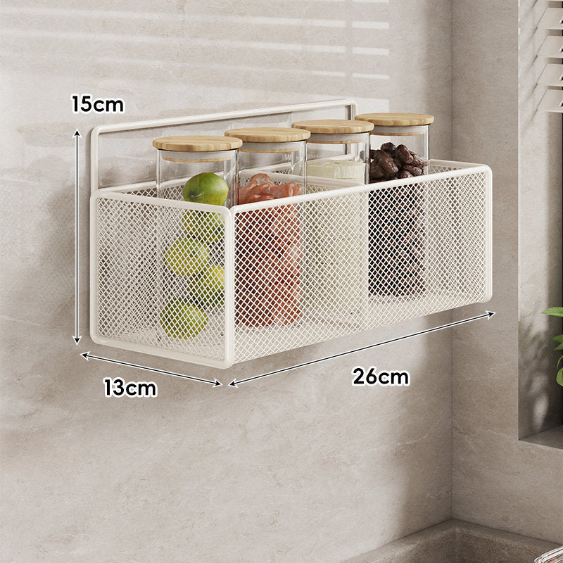 Wall-Mounted Mesh Multi-Purpose Kitchen Shelf with Hooks and Ventilated Basket