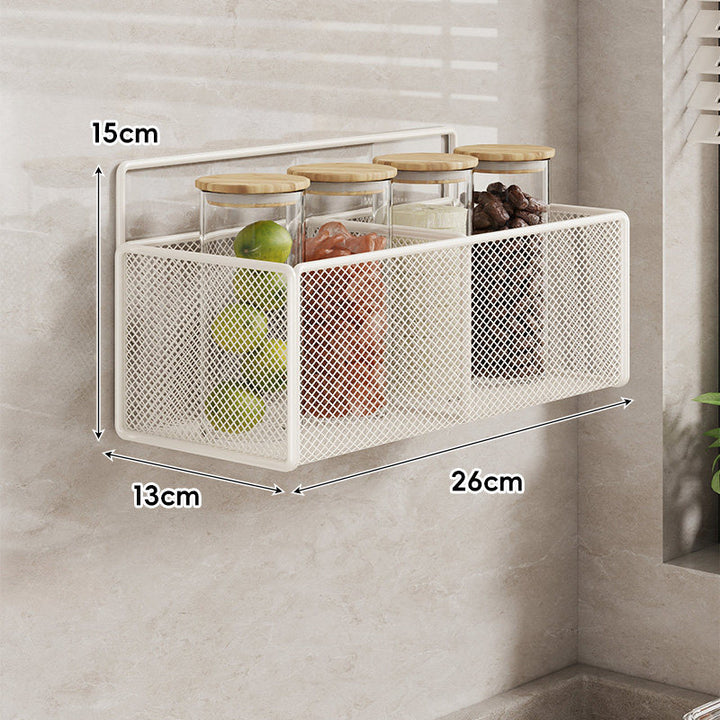 Wall-Mounted Mesh Multi-Purpose Kitchen Shelf with Hooks and Ventilated Basket