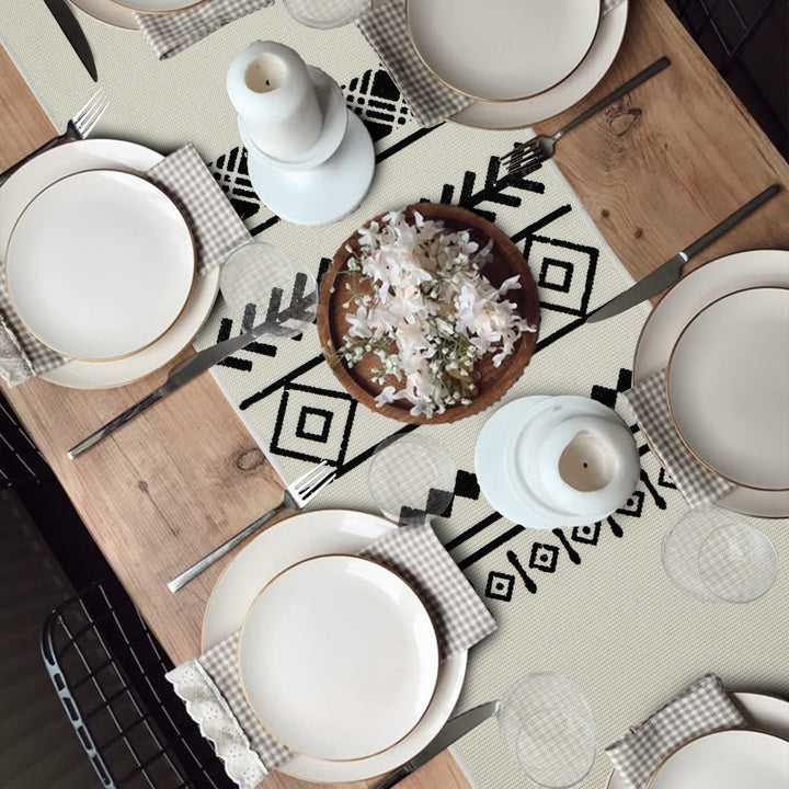 Boho table runner made of cotton blend with woven ethnic jacquard and decorative fringes