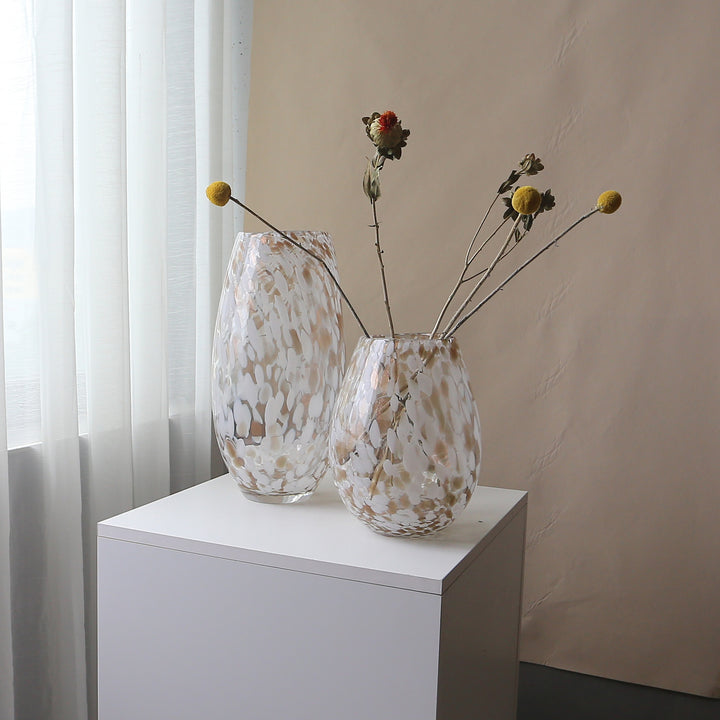 Handblown Speckled Art Glass Vase Set with Tapered and Bulbous Shapes