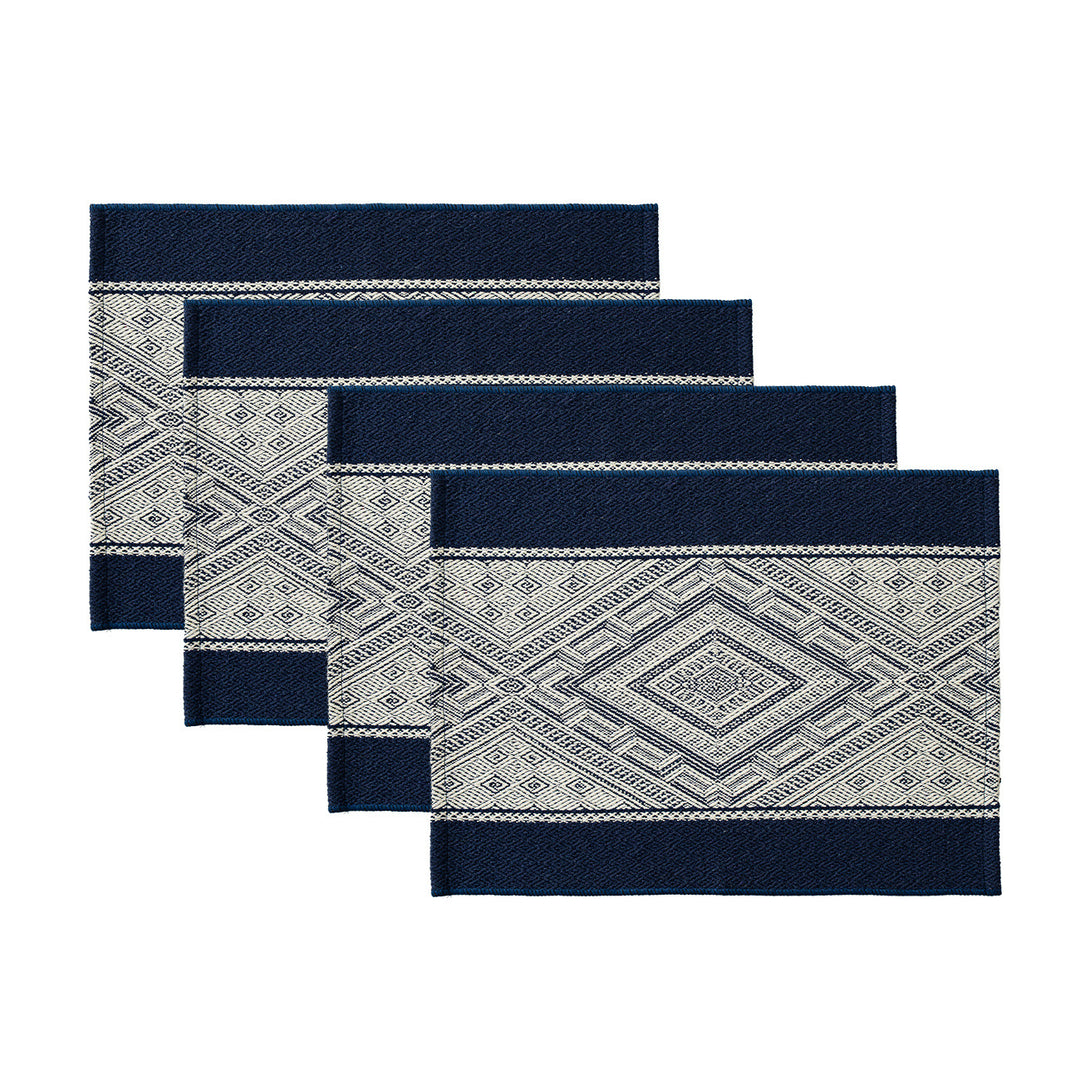 Woven rectangular table mats in a set with ethnic geometric pattern and easy-care cotton blend