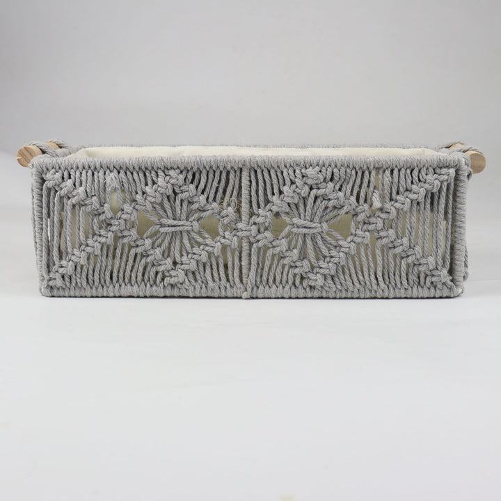Storage basket with macrame pattern
