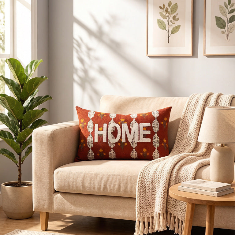 Embroidered Textured Lumbar Throw Pillow with HOME Lettering and Leaf Motif