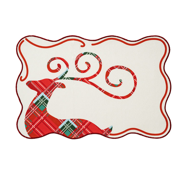 Rectangular Christmas floor rug with embroidered reindeer motif and check pattern