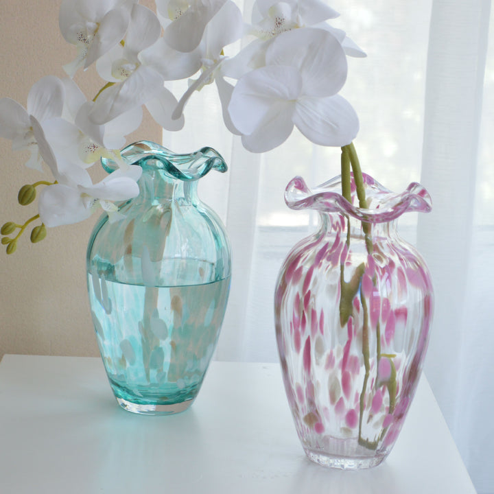 Handblown Ruffled-Lip Art Glass Bud Vase with Confetti Veil