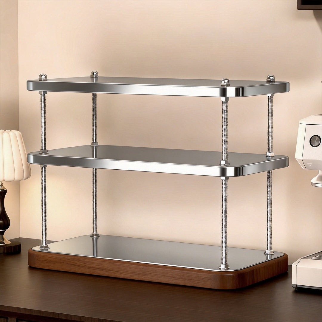 Compact Countertop Coffee Station Organizer with Three-Tier Wood Shelves and Polished Metal Posts