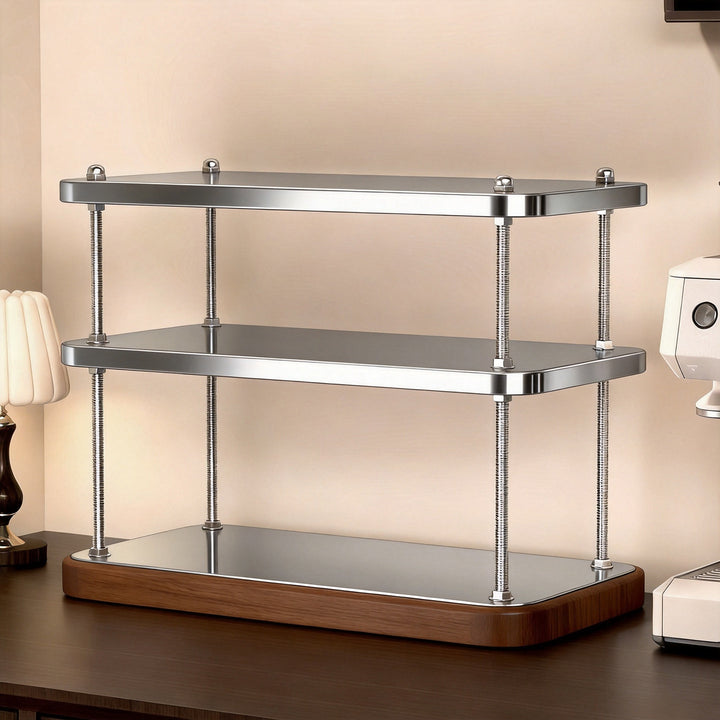 Compact Countertop Coffee Station Organizer with Three-Tier Wood Shelves and Polished Metal Posts