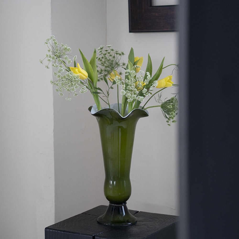 Tall Ruffled-Lip Pedestal Glass Flower Vase