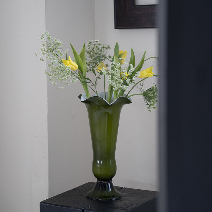 Tall Ruffled-Lip Pedestal Glass Flower Vase