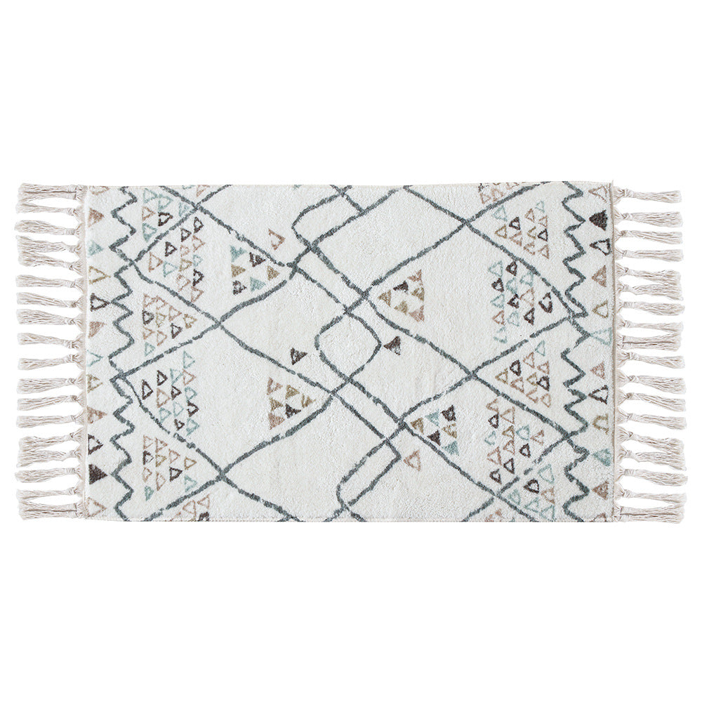 Boho cotton bath mat with fringes and geometric diamond pattern