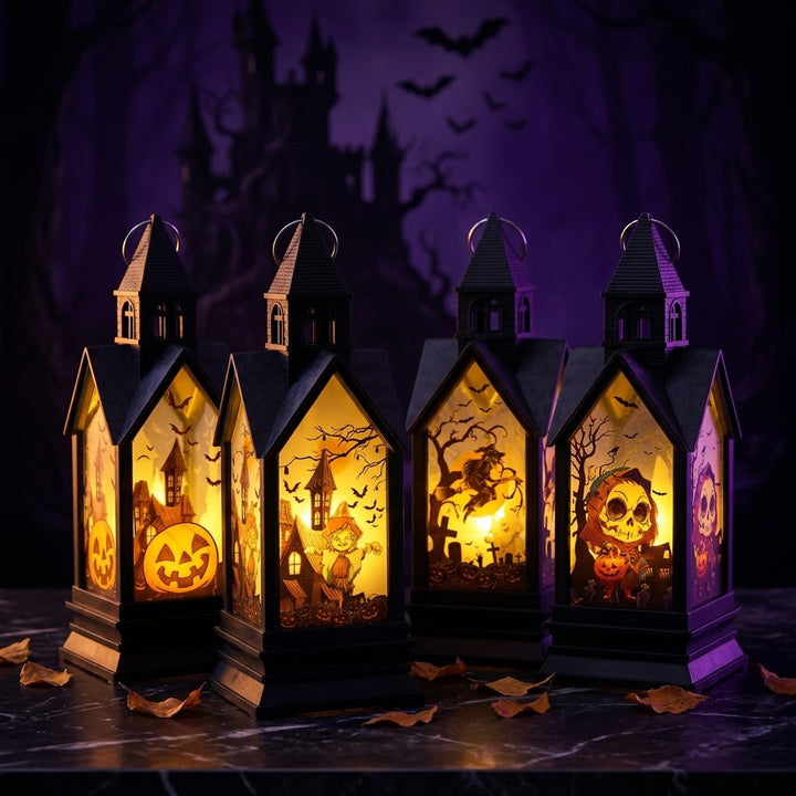 Halloween-themed LED Decorative Lantern with Silhouette Witch Pumpkin Ghost Scene