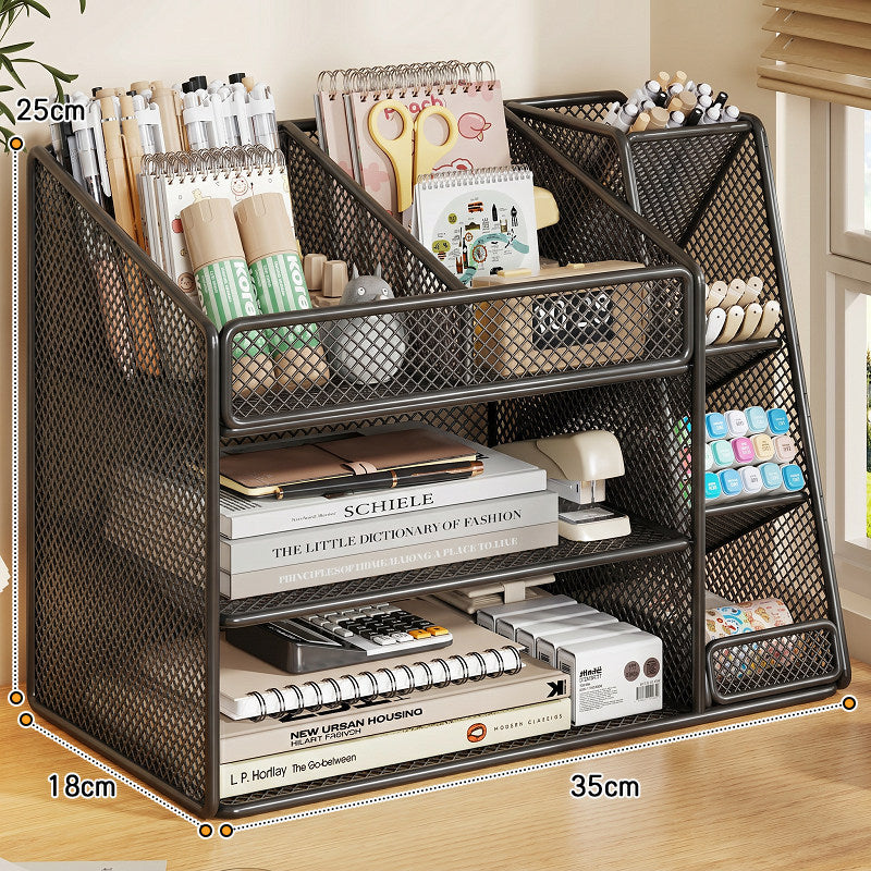 Desktop Mesh Organizer with Multi-Compartment Stationery and Document Storage