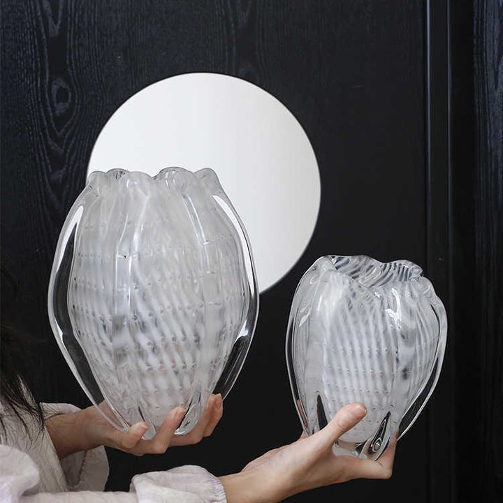 Hand-Blown Veined Tulip-Shaped Bud Glass Vase