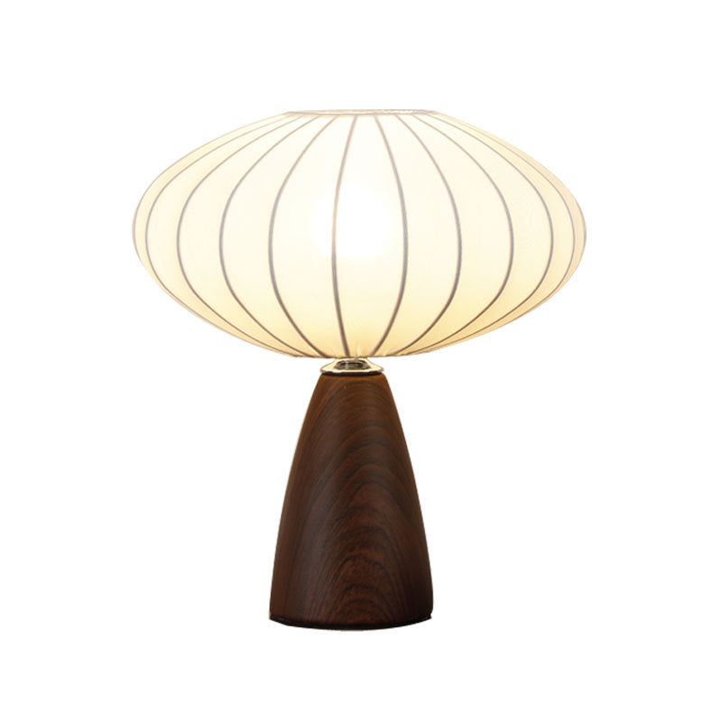 Mid-Century Wood Grain Cone Base Mushroom Fabric Table Lamp