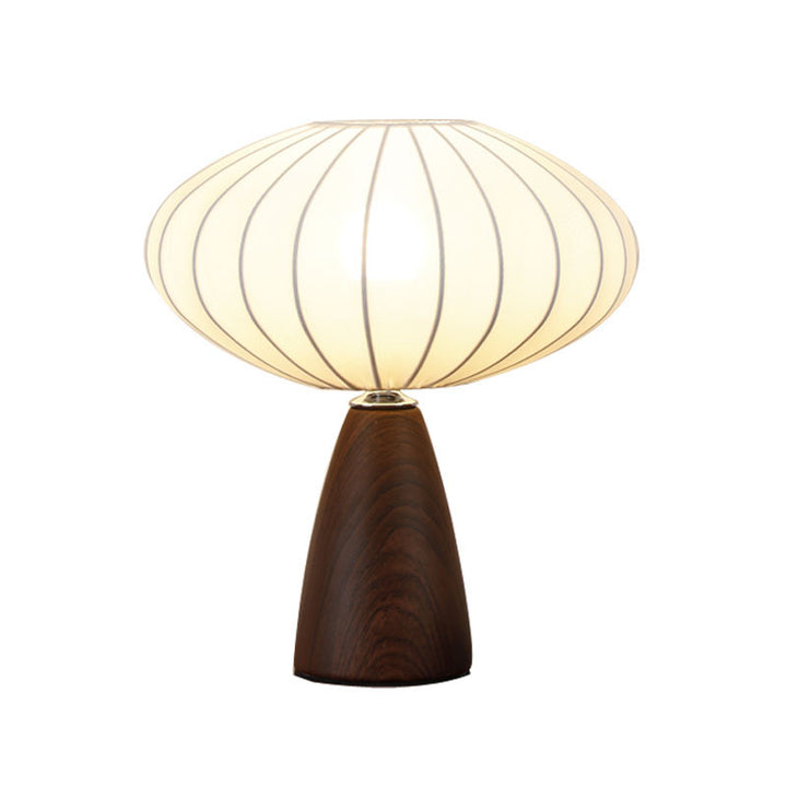 Mid-Century Wood Grain Cone Base Mushroom Fabric Table Lamp
