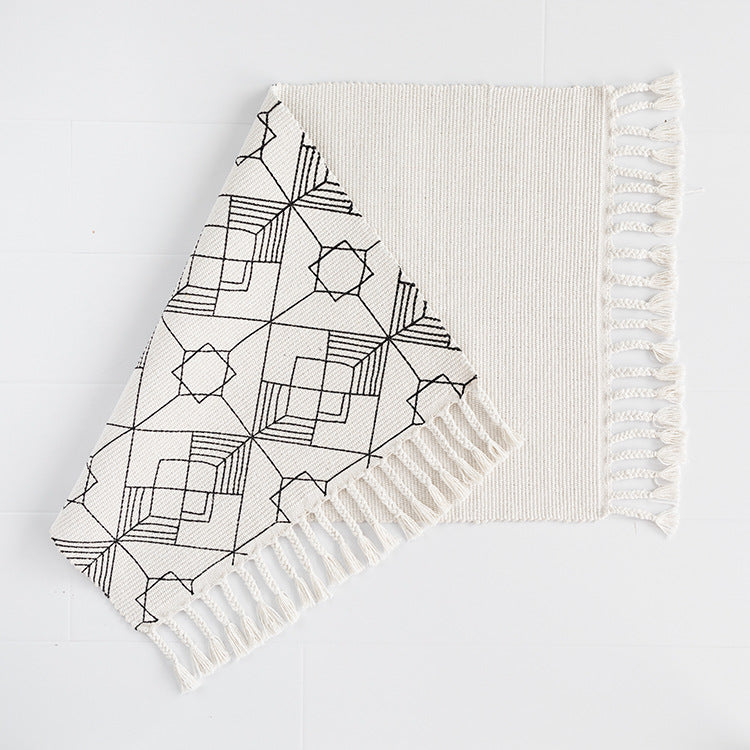 Flat-woven entrance runner made of cotton blend with geometric tile pattern and fringes