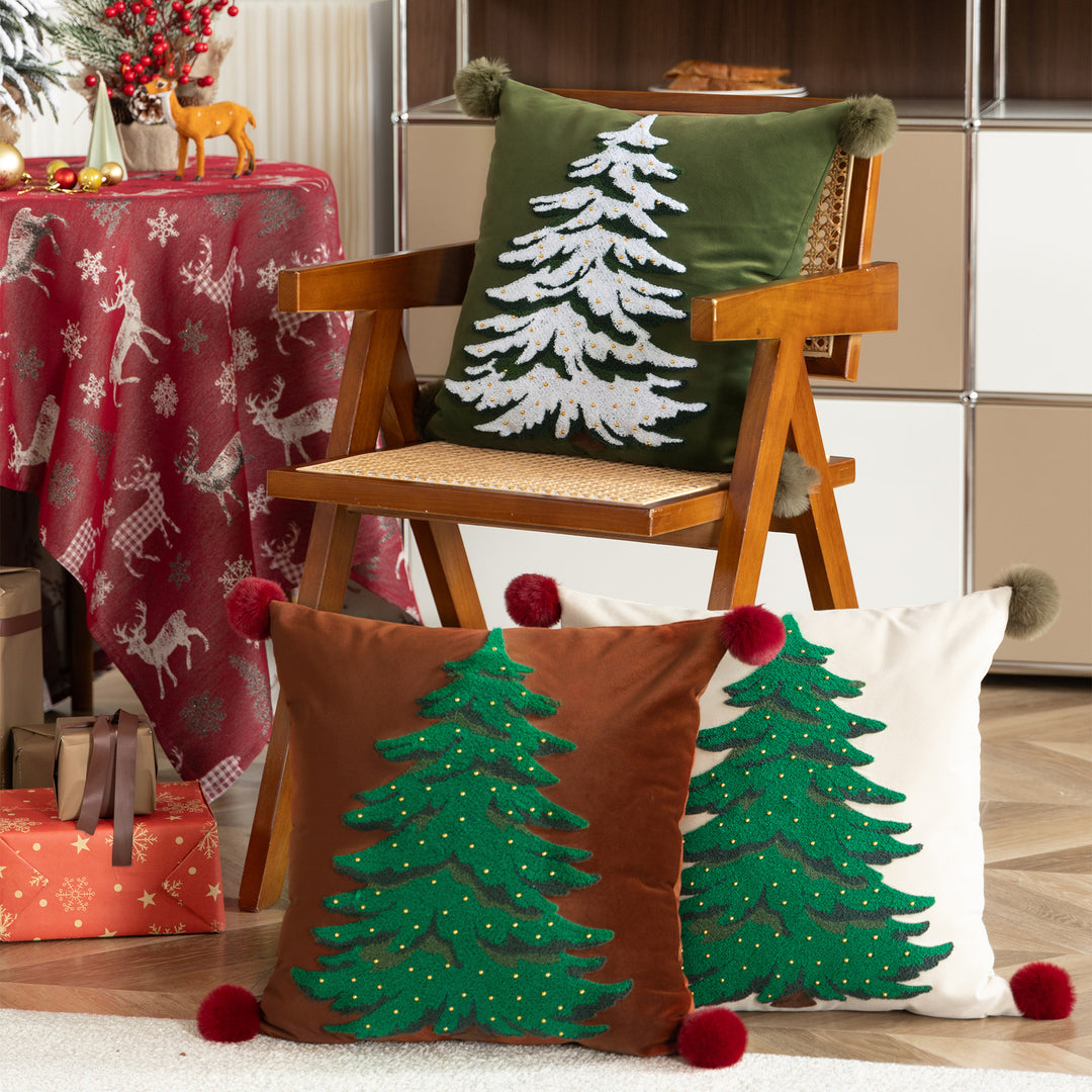 Decorative velvet cushion cover with hand-tufted Christmas tree, pompom corners and bead application