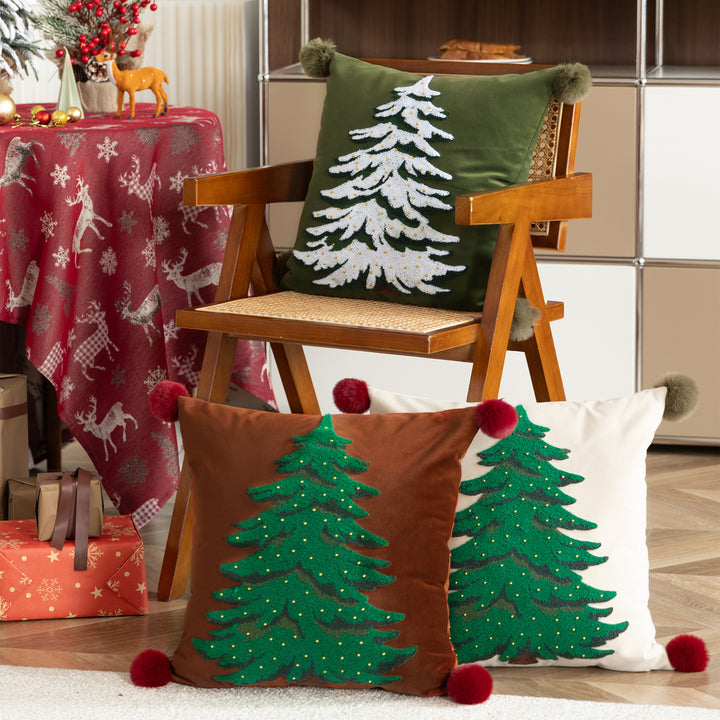 Decorative velvet cushion cover with hand-tufted Christmas tree, pompom corners and bead application