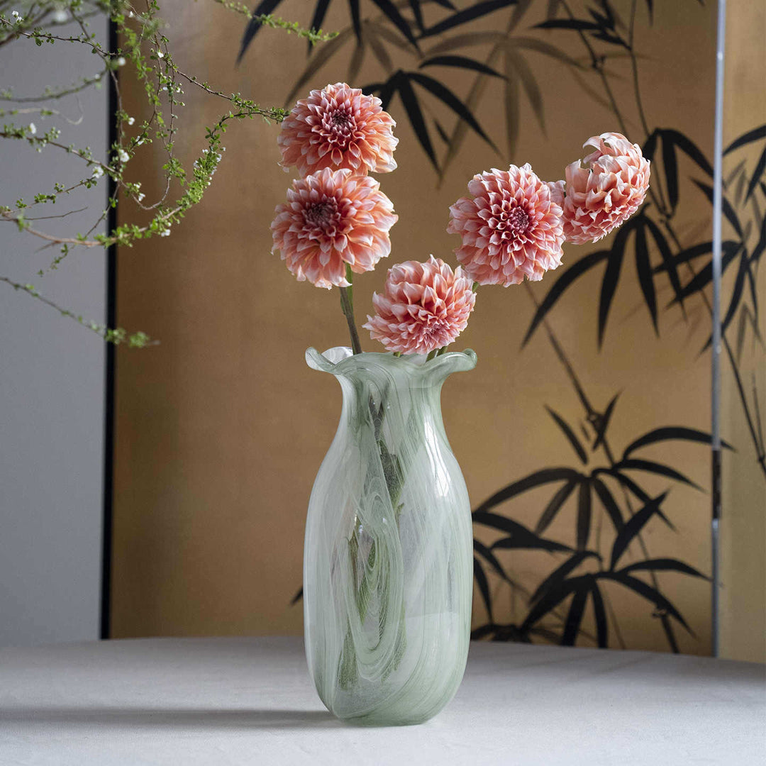 Hand-Blown Marbled Swirl Glass Ruffled-Rim Decorative Vase