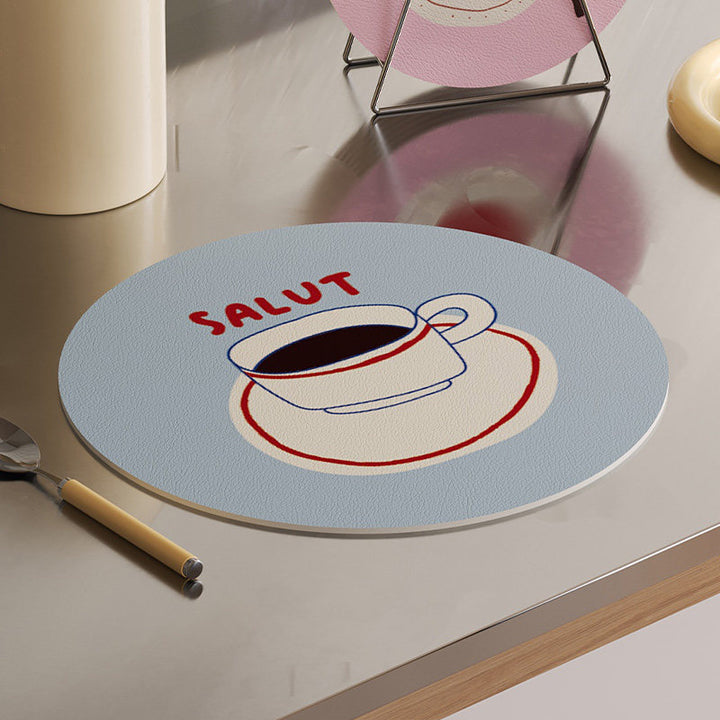 Round Decorative Absorbent Cork Coaster Set with Metal Stand and Fruit Plate Illustration