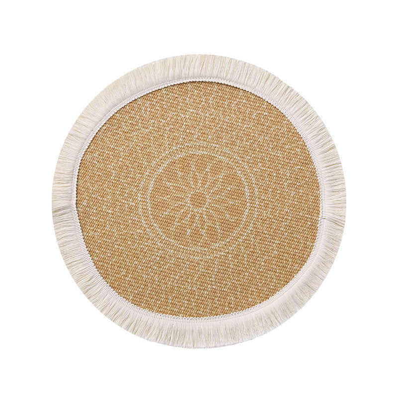 Round woven table placemat with fringe edge and mandala jacquard