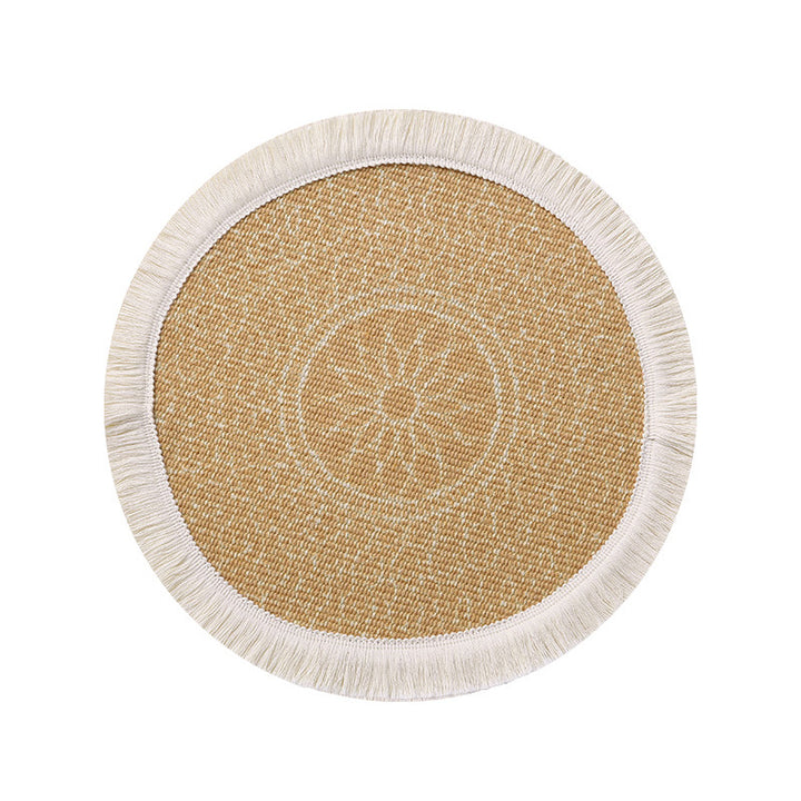 Round woven table placemat with fringe edge and mandala jacquard