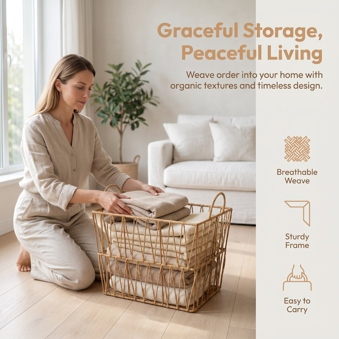 Decorative storage basket made of woven natural material