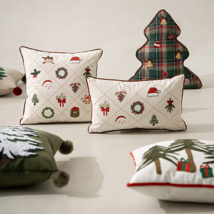 Rectangular cotton decorative pillow with embroidered Christmas motifs and piping