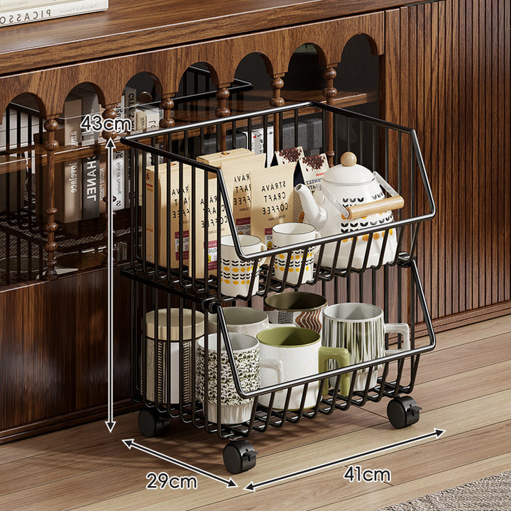 Four-Tier Tall Rolling Wire Pantry and Mug Storage Cart with Deep Slanted Baskets