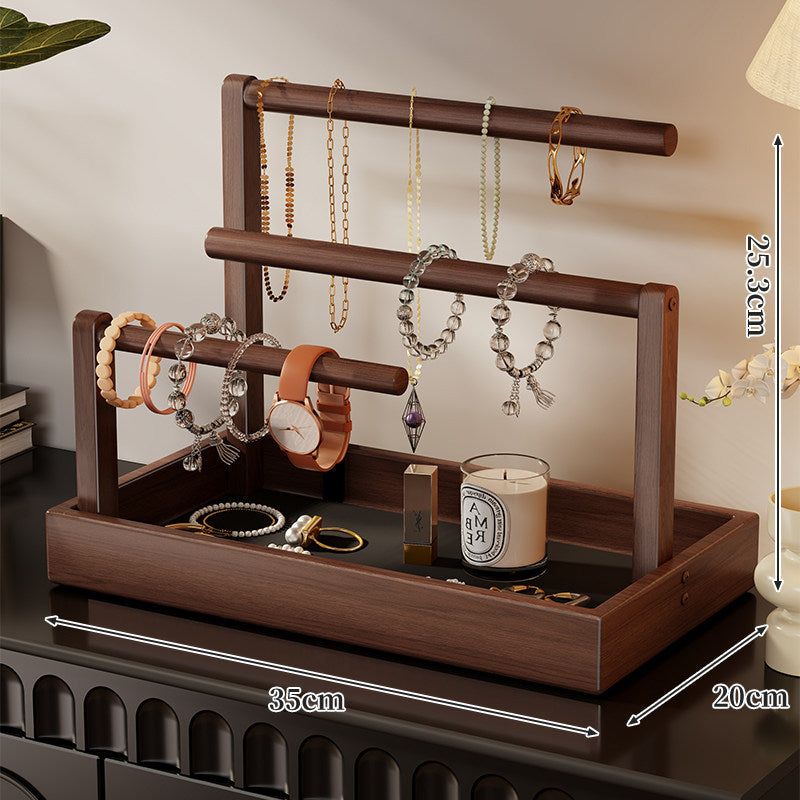 Two-Tier Wooden Jewelry Organizer Tray with Hanging Necklace Rods