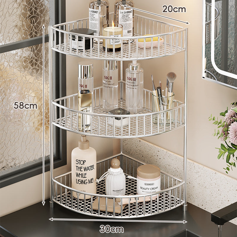 Two-Tier Corner Mesh Metal Bathroom Countertop Organizer Shelf with Raised Guard Rails