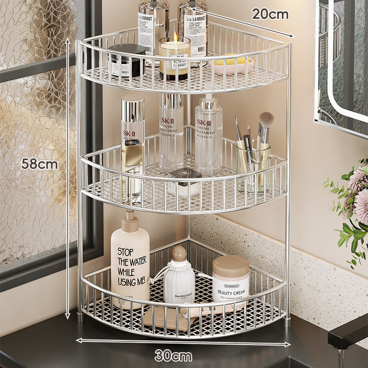Two-Tier Corner Mesh Metal Bathroom Countertop Organizer Shelf with Raised Guard Rails