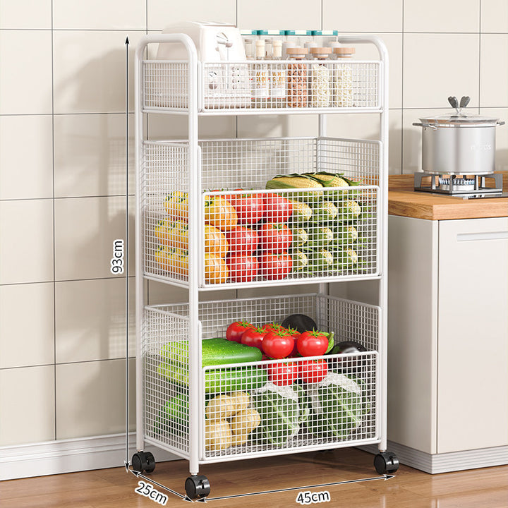 Rolling kitchen storage organizer with adjustable mesh basket