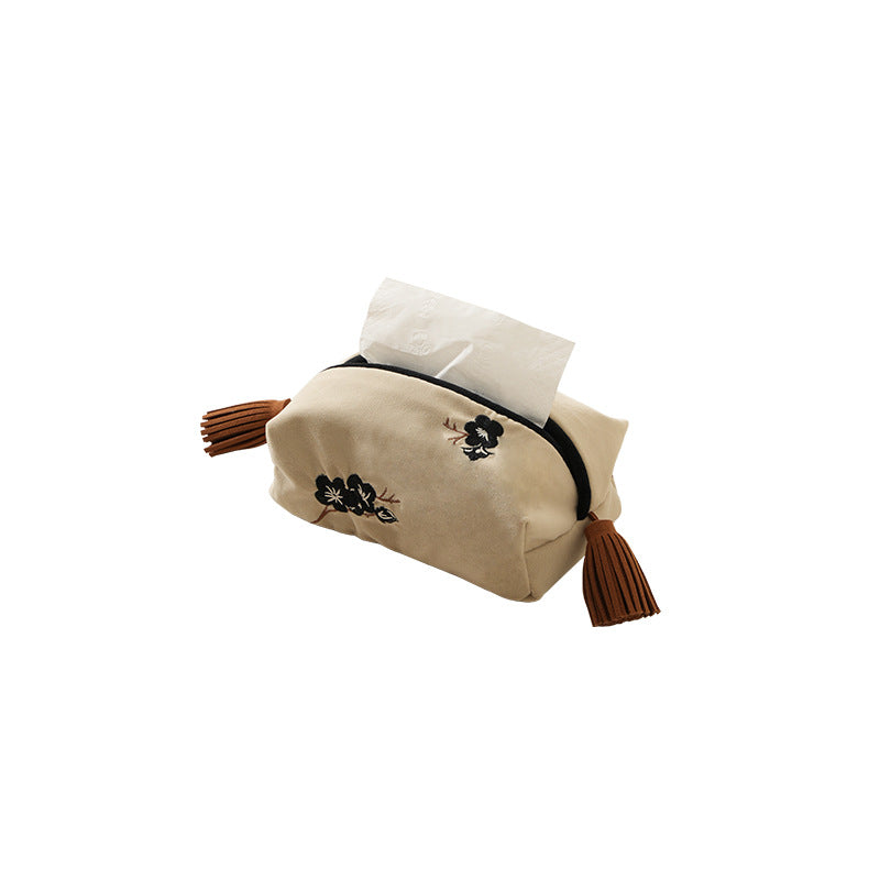 Embroidered tissue box cover made of velvet with tassels