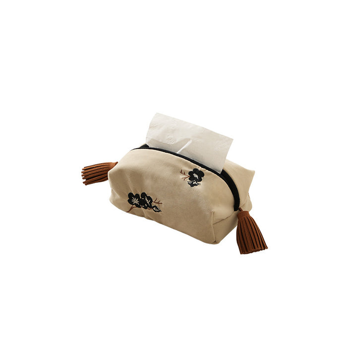 Embroidered tissue box cover made of velvet with tassels