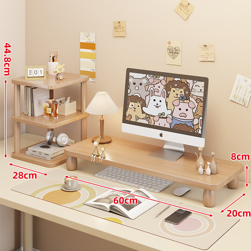 Low-Profile Ergonomic Wooden Desktop Monitor Lift with Under-Shelf Keyboard Storage