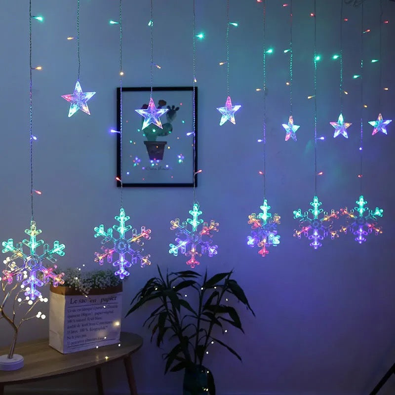 LED Acrylic Hanging Christmas Curtain Light Set with Reindeer Tree Bell and Star Ornaments