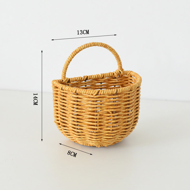 Wall shelf made of untreated wood with rattan inserts