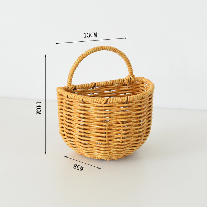 Wall shelf made of untreated wood with rattan inserts