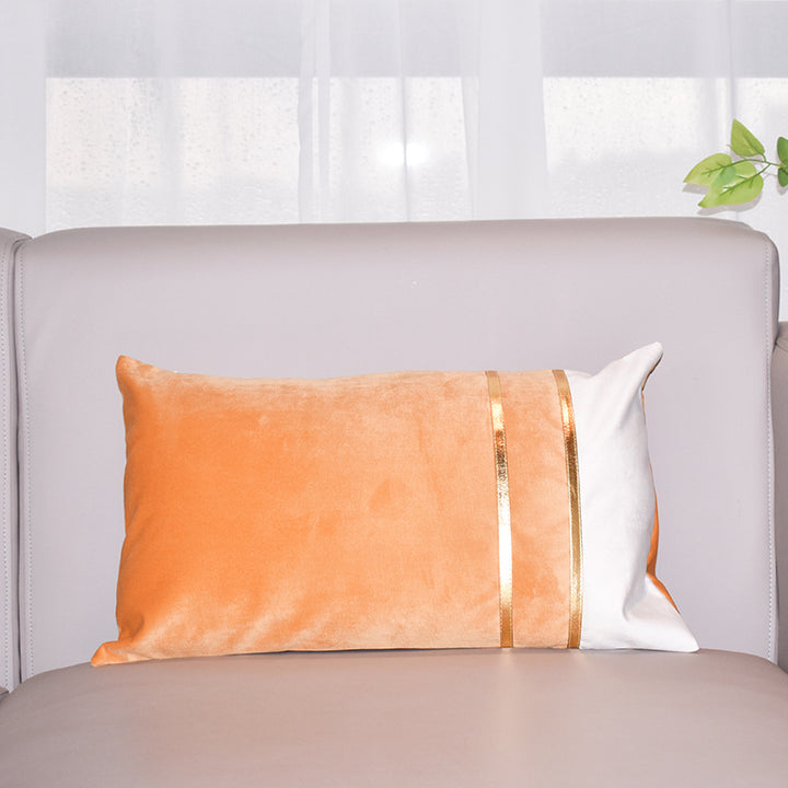 Rectangular Velvet-Blend Lumbar Cushion Cover with Dual Metallic Gold Bands