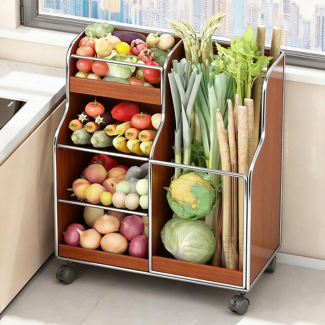 Rolling Metal Mesh Produce Storage Cart with Tall Vertical Compartment and Removable Shelves