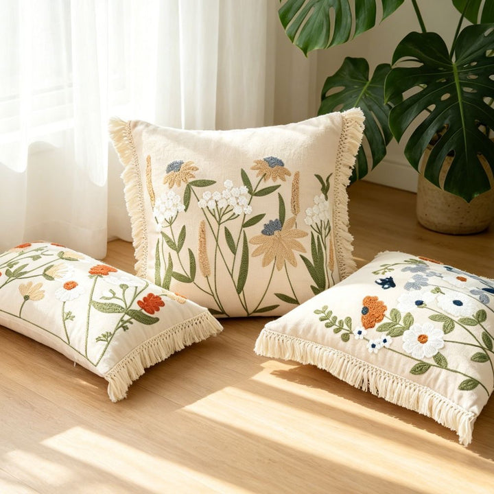 Embroidered Floral Design Throw Pillow